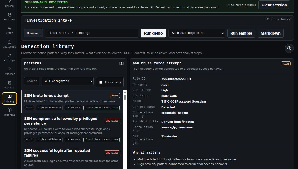 TraceHawk v0.10.0 read-only detection library listing deterministic rules and their MITRE mappings