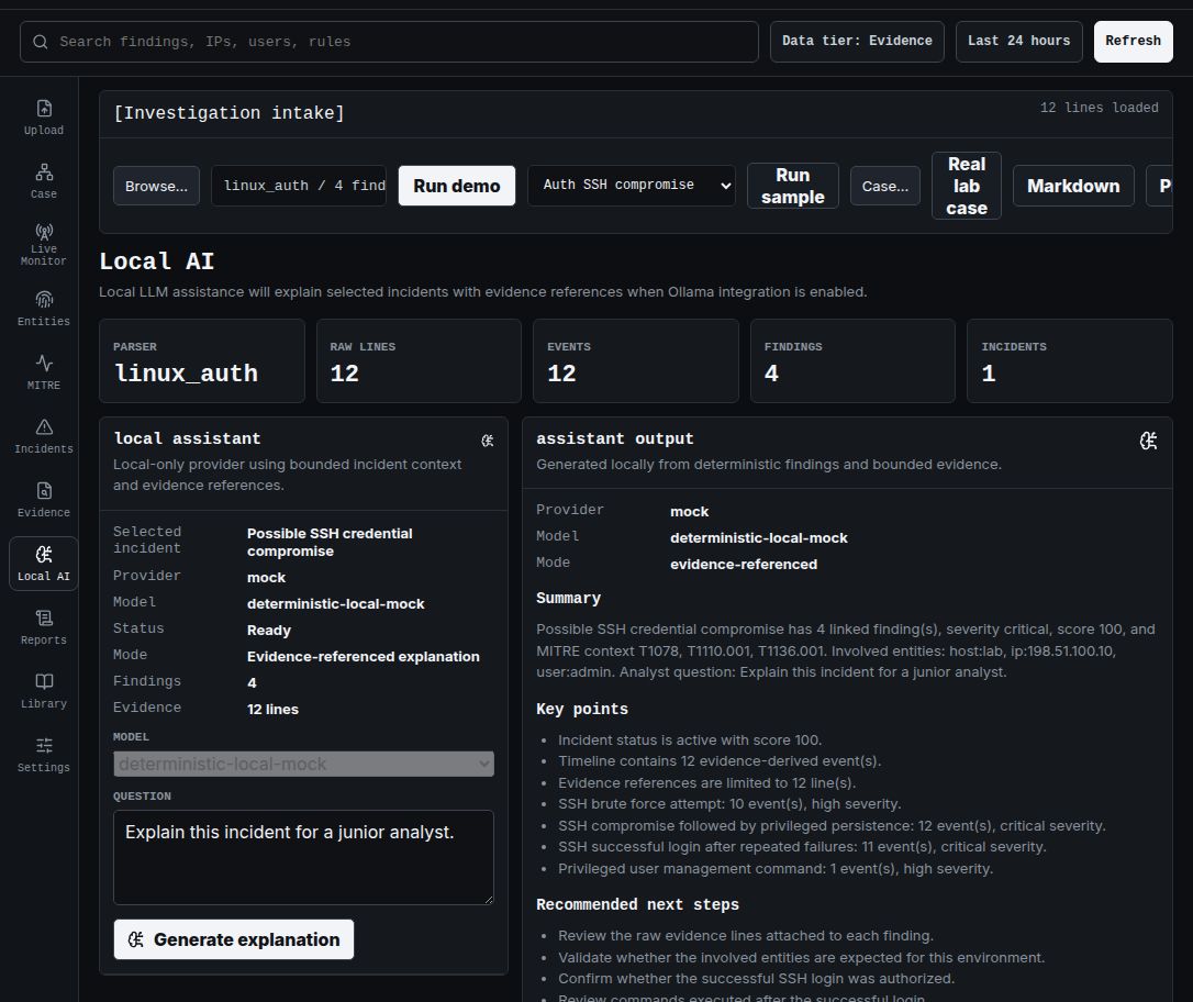 TraceHawk v0.10.0 local AI view showing selected incident, mock provider, bounded evidence count, analyst question, summary, key points, next steps, and guardrails