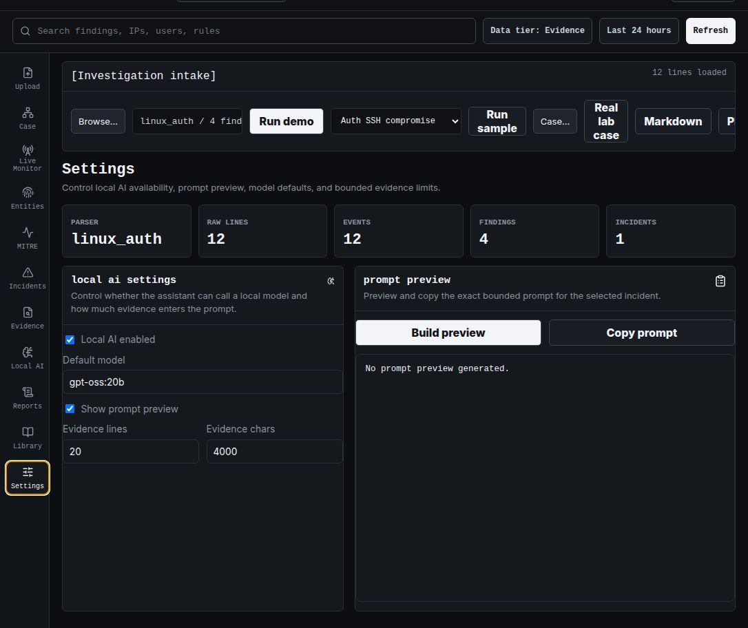 TraceHawk v0.10.0 local AI settings with model, prompt preview, evidence-line, and character controls